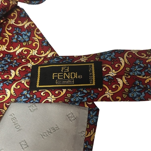 Fendi Neck Tie Italy Luxury Classic Silk Floral Gold Scroll Pattern Vintage - Picture 7 of 12